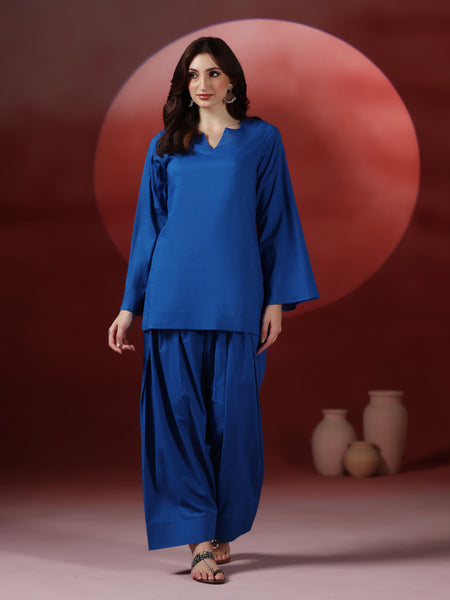 Royal Blue Pure Cotton Solid Round Neck Full Sleeves Hip Length Straight Kurta Farshi Salwar And Dupatta Set Mizazjaipur