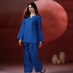 Royal Blue Pure Cotton Solid Round Neck Full Sleeves Hip Length Straight Kurta Farshi Salwar And Dupatta Set