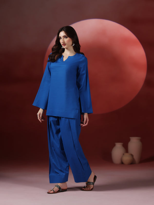 Royal Blue Pure Cotton Solid Round Neck Full Sleeves Hip Length Straight Kurta Farshi Salwar And Dupatta Set