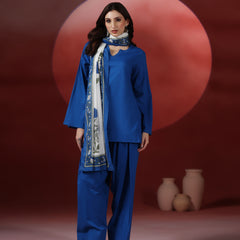 Royal Blue Pure Cotton Solid Round Neck Full Sleeves Hip Length Straight Kurta Farshi Salwar And Dupatta Set