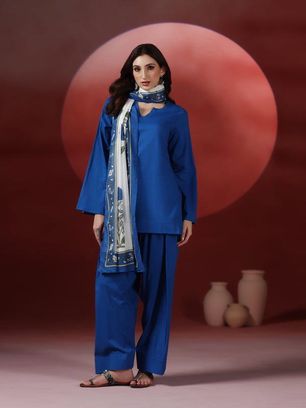 Royal Blue Pure Cotton Solid Round Neck Full Sleeves Hip Length Straight Kurta Farshi Salwar And Dupatta Set