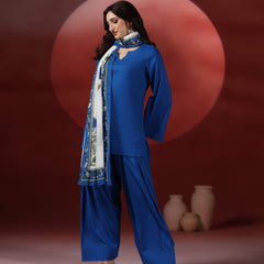 Royal Blue Pure Cotton Solid Round Neck Full Sleeves Hip Length Straight Kurta Farshi Salwar And Dupatta Set