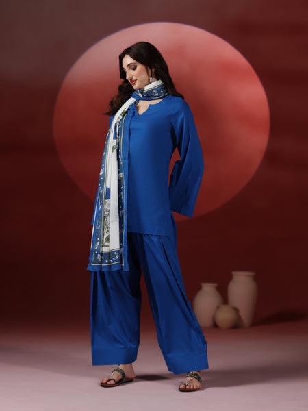 Royal Blue Pure Cotton Solid Round Neck Full Sleeves Hip Length Straight Kurta Farshi Salwar And Dupatta Set Mizazjaipur