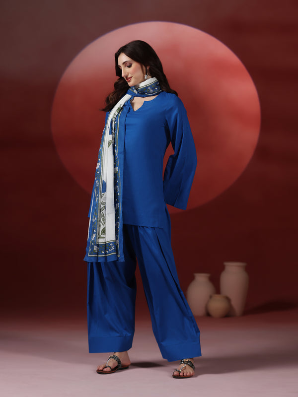 Royal Blue Pure Cotton Solid Round Neck Full Sleeves Hip Length Straight Kurta Farshi Salwar And Dupatta Set