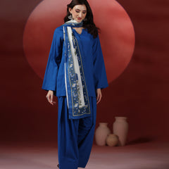 Royal Blue Pure Cotton Solid Round Neck Full Sleeves Hip Length Straight Kurta Farshi Salwar And Dupatta Set