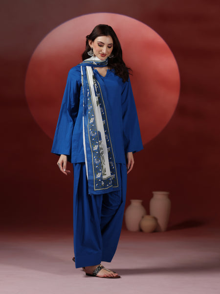 Royal Blue Pure Cotton Solid Round Neck Full Sleeves Hip Length Straight Kurta Farshi Salwar And Dupatta Set