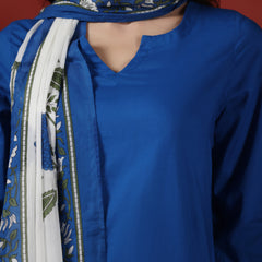 Royal Blue Pure Cotton Solid Round Neck Full Sleeves Hip Length Straight Kurta Farshi Salwar And Dupatta Set