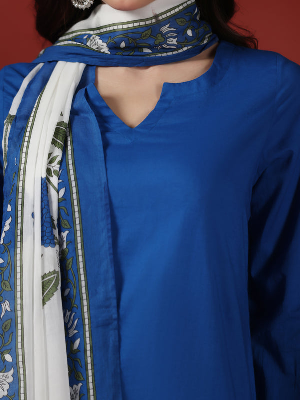Royal Blue Pure Cotton Solid Round Neck Full Sleeves Hip Length Straight Kurta Farshi Salwar And Dupatta Set