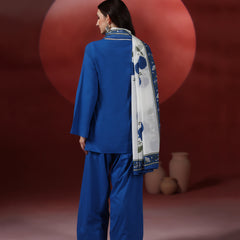 Royal Blue Pure Cotton Solid Round Neck Full Sleeves Hip Length Straight Kurta Farshi Salwar And Dupatta Set