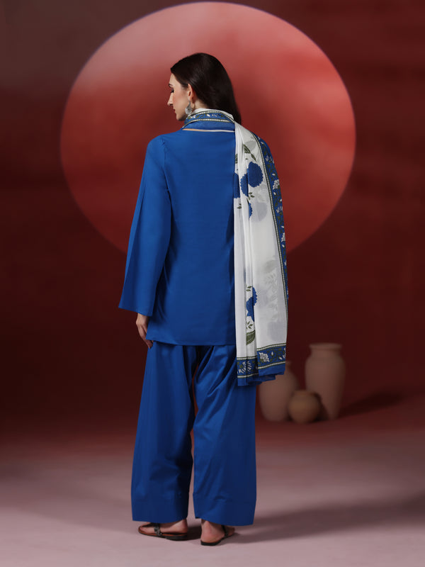 Royal Blue Pure Cotton Solid Round Neck Full Sleeves Hip Length Straight Kurta Farshi Salwar And Dupatta Set