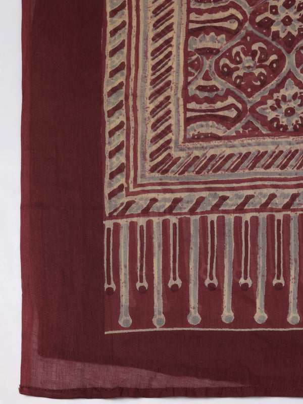 Wine Pure Cotton Printed V-Neck 3/4 Sleeves Calf Length Flared Kurta Pant And Dupatta Set