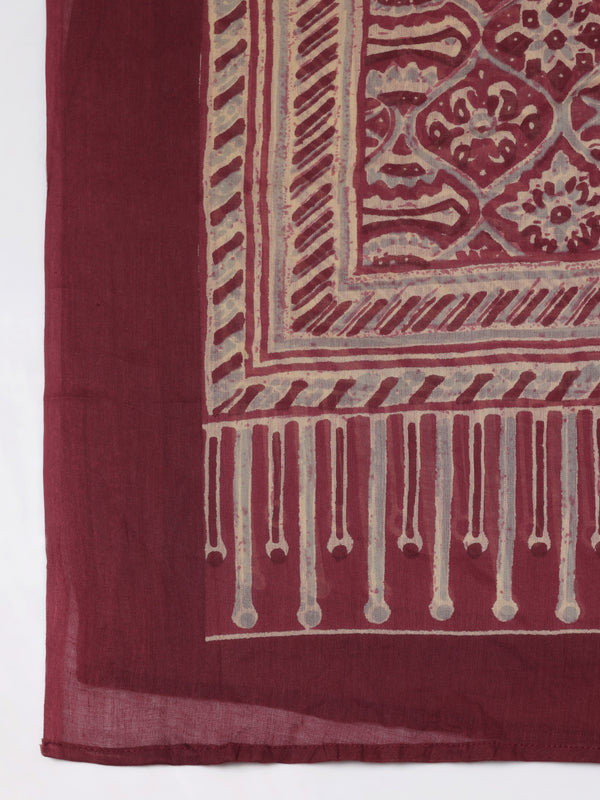 Beige Pure Cotton Printed Round Neck Full Sleeves Calf Length A-line Kurta Pant And Dupatta Set
