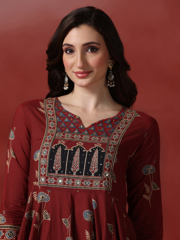 (Pre-order) Barnred Pure Cotton Printed Round Neck 3/4 Sleeves Ankle Length Flared Kurta Pant And Dupatta Set