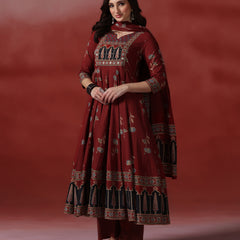(Pre-order) Barnred Pure Cotton Printed Round Neck 3/4 Sleeves Ankle Length Flared Kurta Pant And Dupatta Set