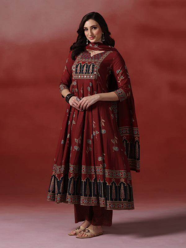 (Pre-order) Barnred Pure Cotton Printed Round Neck 3/4 Sleeves Ankle Length Flared Kurta Pant And Dupatta Set
