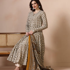 Cream Pure Cotton Printed Round Neck Full Sleeves Ankle Length Flared Kurta Pant And Dupatta Set