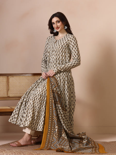 Cream Pure Cotton Printed Round Neck Full Sleeves Ankle Length Flared Kurta Pant And Dupatta Set
