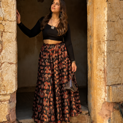 Midnight Bloom Printed Flared Skirt Mizazjaipur