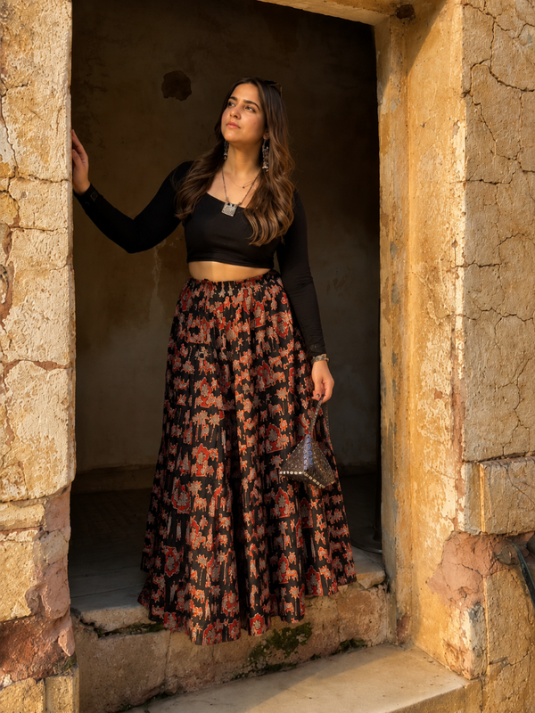 Midnight Bloom Printed Flared Skirt Mizazjaipur