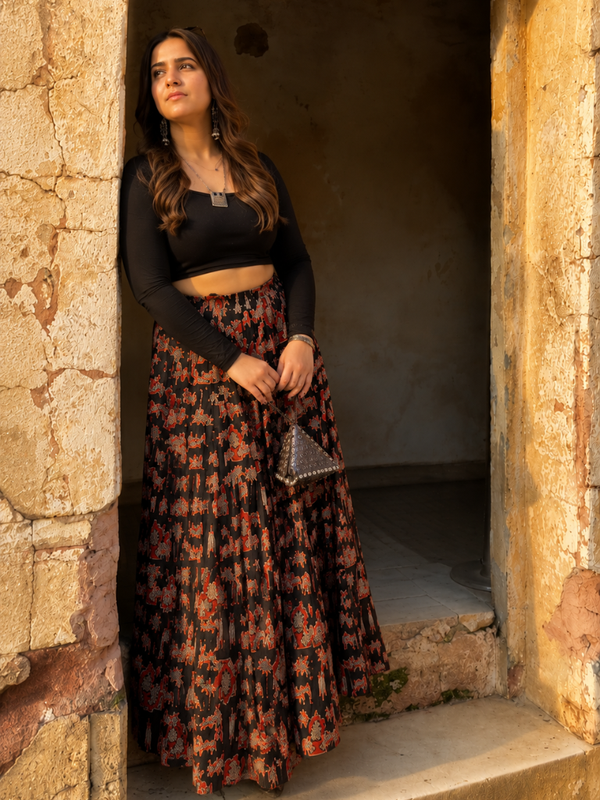 Midnight Bloom Printed Flared Skirt Mizazjaipur