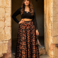 Midnight Bloom Printed Flared Skirt Mizazjaipur