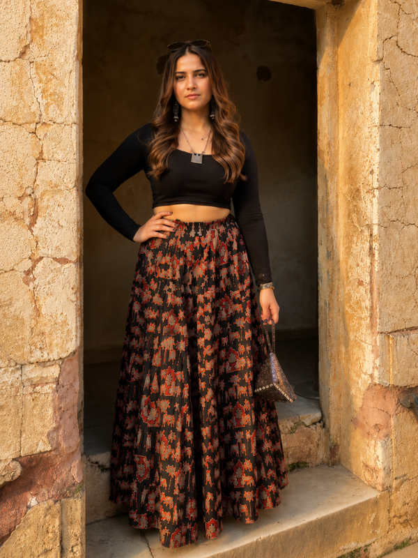 Midnight Bloom Printed Flared Skirt Mizazjaipur