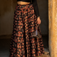 Midnight Bloom Printed Flared Skirt Mizazjaipur