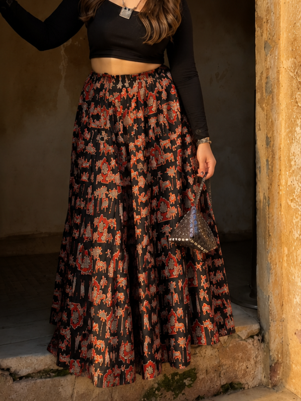 Midnight Bloom Printed Flared Skirt Mizazjaipur