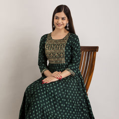 Green Rayon Embroidered Round Neck 3/4 Sleeves Calf Length Flared Kurta