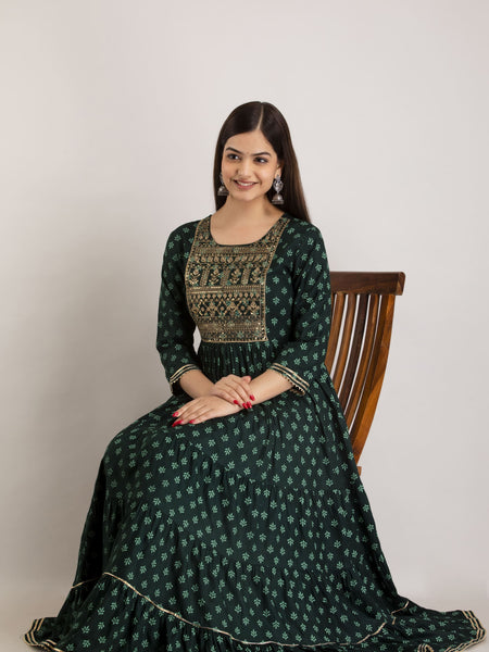 Green Rayon Embroidered Round Neck 3/4 Sleeves Calf Length Flared Kurta