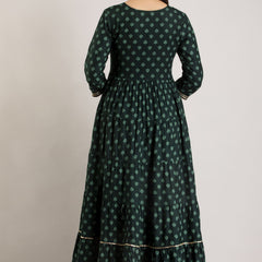 Green Rayon Embroidered Round Neck 3/4 Sleeves Calf Length Flared Kurta