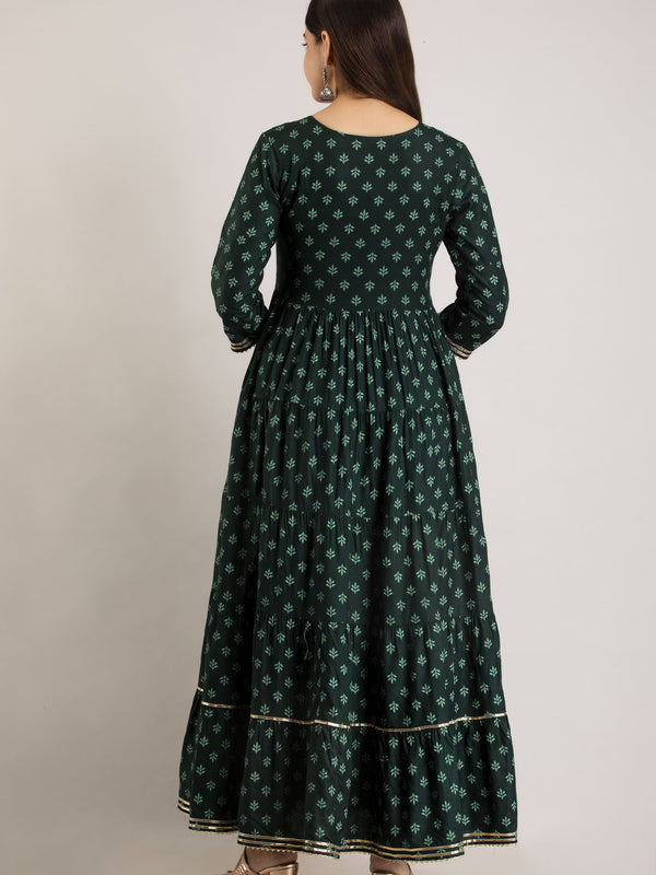Green Rayon Embroidered Round Neck 3/4 Sleeves Calf Length Flared Kurta