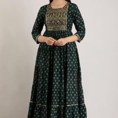 Green Rayon Embroidered Round Neck 3/4 Sleeves Calf Length Flared Kurta