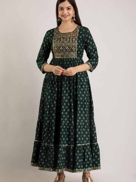 Green Rayon Embroidered Round Neck 3/4 Sleeves Calf Length Flared Kurta