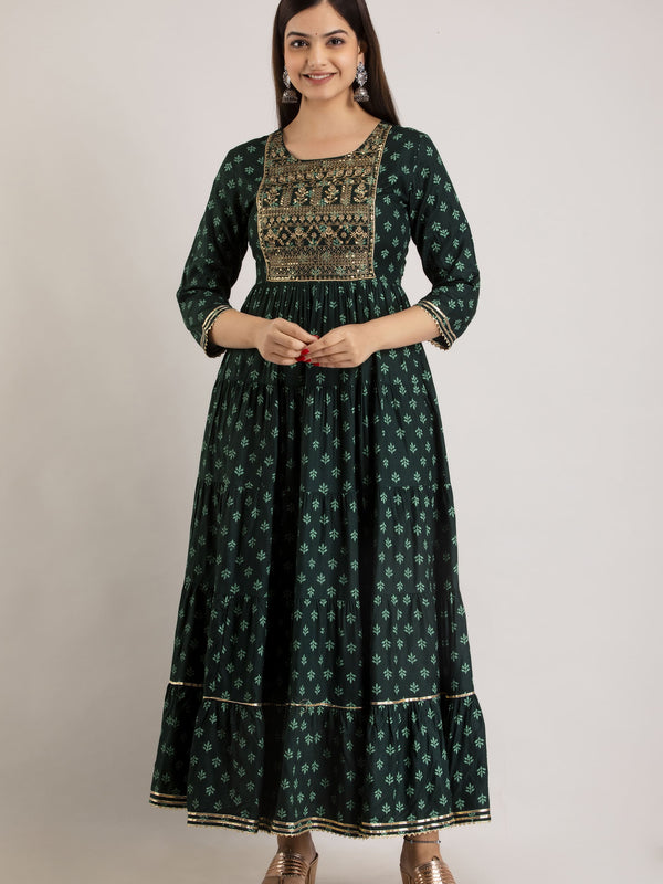 Green Rayon Embroidered Round Neck 3/4 Sleeves Calf Length Flared Kurta