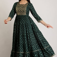 Green Rayon Embroidered Round Neck 3/4 Sleeves Calf Length Flared Kurta