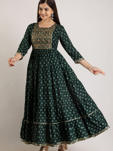 Green Rayon Embroidered Round Neck 3/4 Sleeves Calf Length Flared Kurta