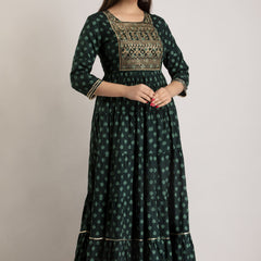 Green Rayon Embroidered Round Neck 3/4 Sleeves Calf Length Flared Kurta