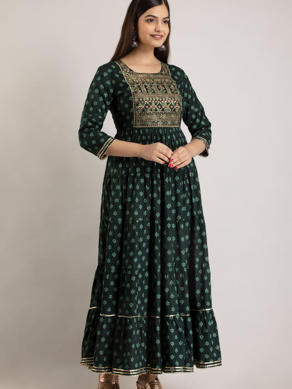 Green Rayon Embroidered Round Neck 3/4 Sleeves Calf Length Flared Kurta
