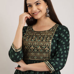Green Rayon Embroidered Round Neck 3/4 Sleeves Calf Length Flared Kurta