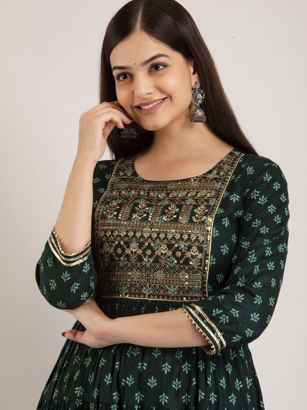 Green Rayon Embroidered Round Neck 3/4 Sleeves Calf Length Flared Kurta