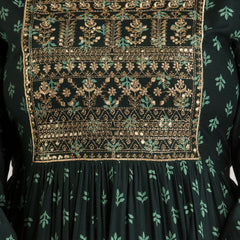 Green Rayon Embroidered Round Neck 3/4 Sleeves Calf Length Flared Kurta