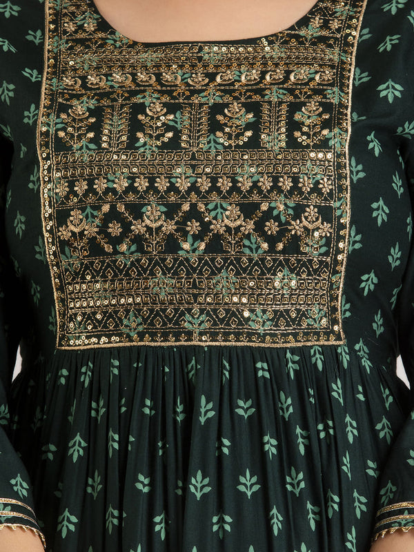 Green Rayon Embroidered Round Neck 3/4 Sleeves Calf Length Flared Kurta