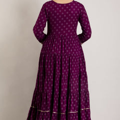 Maroon Rayon Embroidered Round Neck 3/4 Sleeves Calf Length Flared Kurta