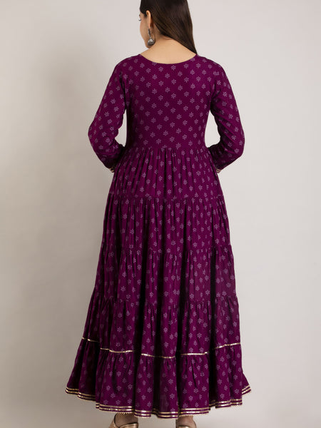 Maroon Rayon Embroidered Round Neck 3/4 Sleeves Calf Length Flared Kurta