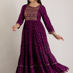 Maroon Rayon Embroidered Round Neck 3/4 Sleeves Calf Length Flared Kurta