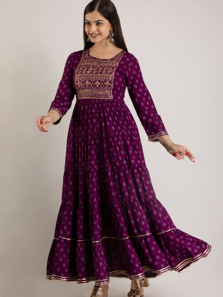 Maroon Rayon Embroidered Round Neck 3/4 Sleeves Calf Length Flared Kurta