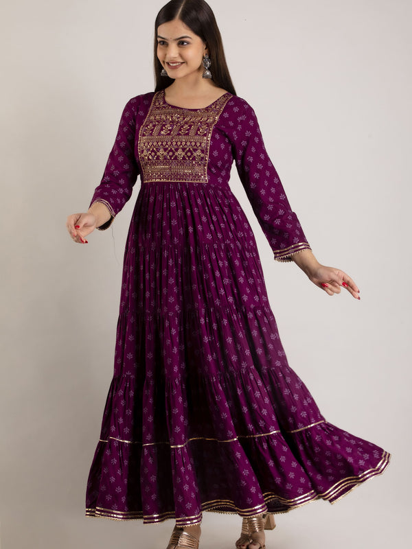 Maroon Rayon Embroidered Round Neck 3/4 Sleeves Calf Length Flared Kurta