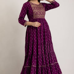 Maroon Rayon Embroidered Round Neck 3/4 Sleeves Calf Length Flared Kurta