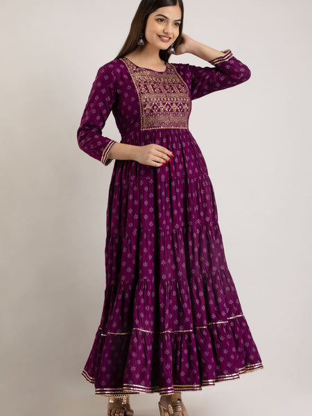 Maroon Rayon Embroidered Round Neck 3/4 Sleeves Calf Length Flared Kurta